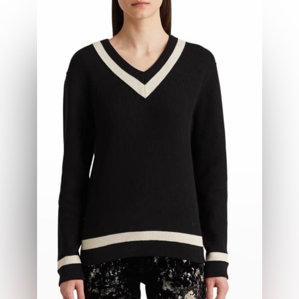 Ralph Lauren polo golf Cricket Contrast-Trim Knit Sweater black white medium EUC